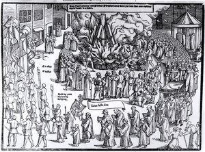 The Burning of the Remains of Martin Bucer (1491-1551) and Paul Fagius (1504-49) on Market Hill i Cambridge i 1557, fra 